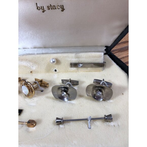 Vintage Stacy Cufflinks Tie Clips Set Mother Of Pearl Rhinestone Details Mens - Picture 3 of 16